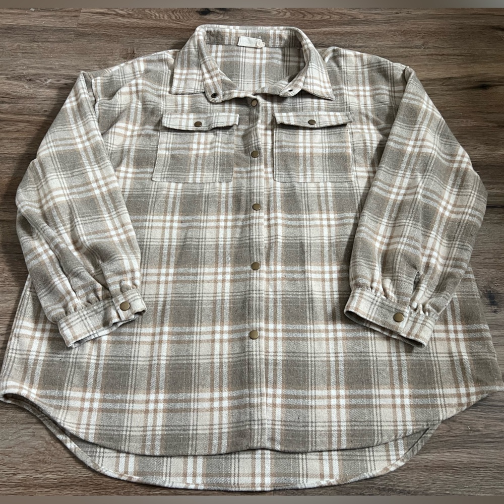 Ninexis Woman’s Brown Tan Flannel Plaid Shacket Snap Button Size 3X
